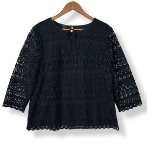Talbots Petite LP Blouse Black Lace Crochet Lined Side Zip Tie Neck Gothic Vamp
